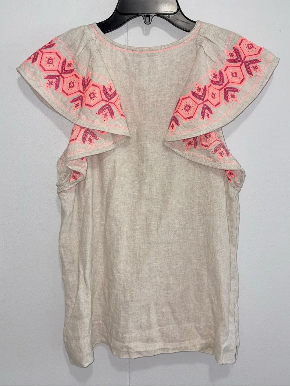 J.Crew XS 100% Linen Beige Coral Pink Embroidered Ruffle Sleeve Blouse